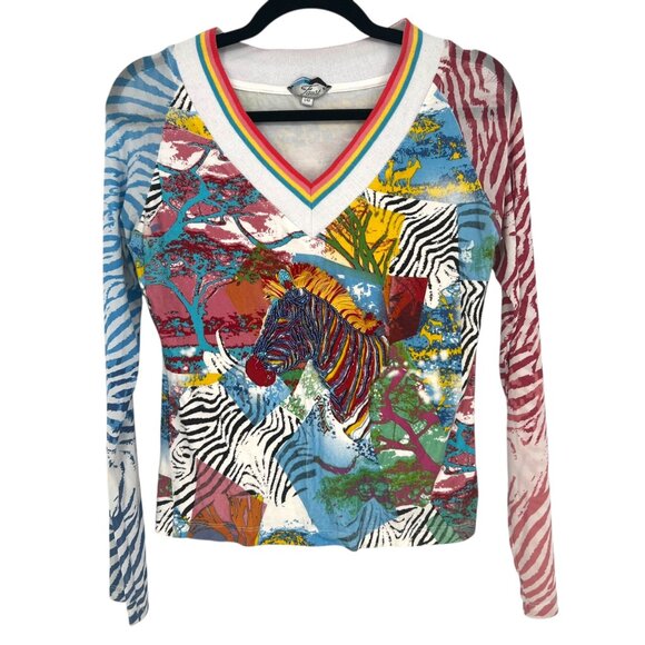 Faust Vintage Zebra Beaded Fringe Rainbow V-Neck Long Sleeve Top Size 42 US 12 - Picture 1 of 12